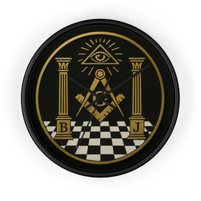 Master Mason Blue Lodge Clock - S&C with Pillars in Wooden Frame - Bricks Masons