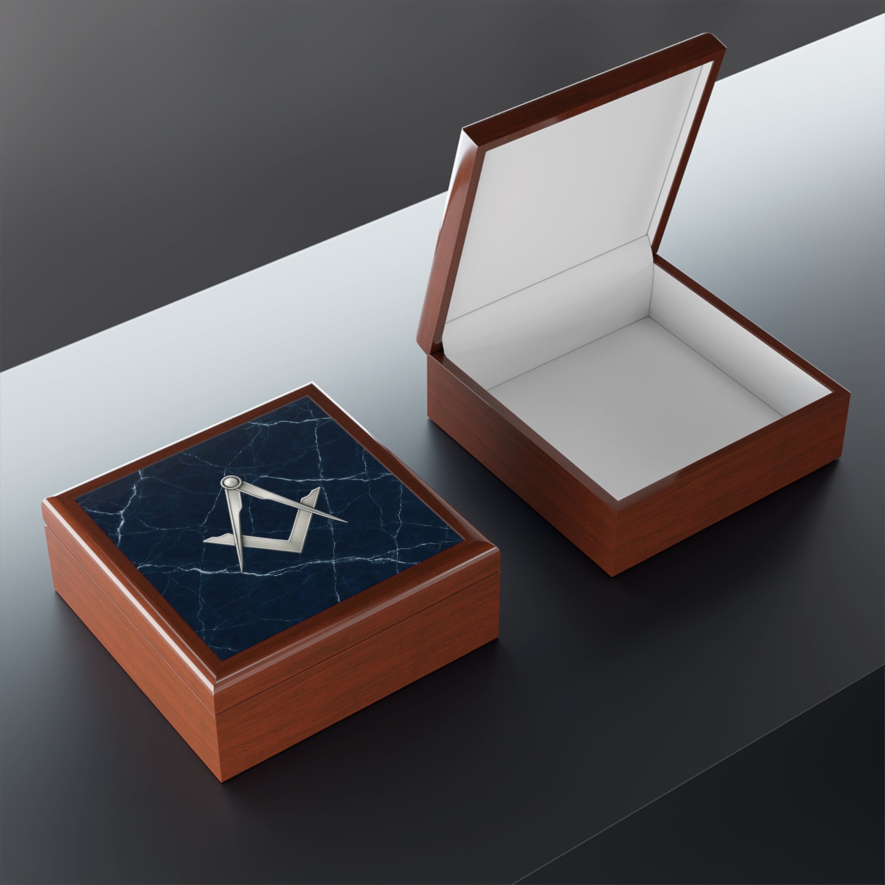 Master Mason Blue Lodge Jewelry Box - Silver S&C Emblem On Blue Marble