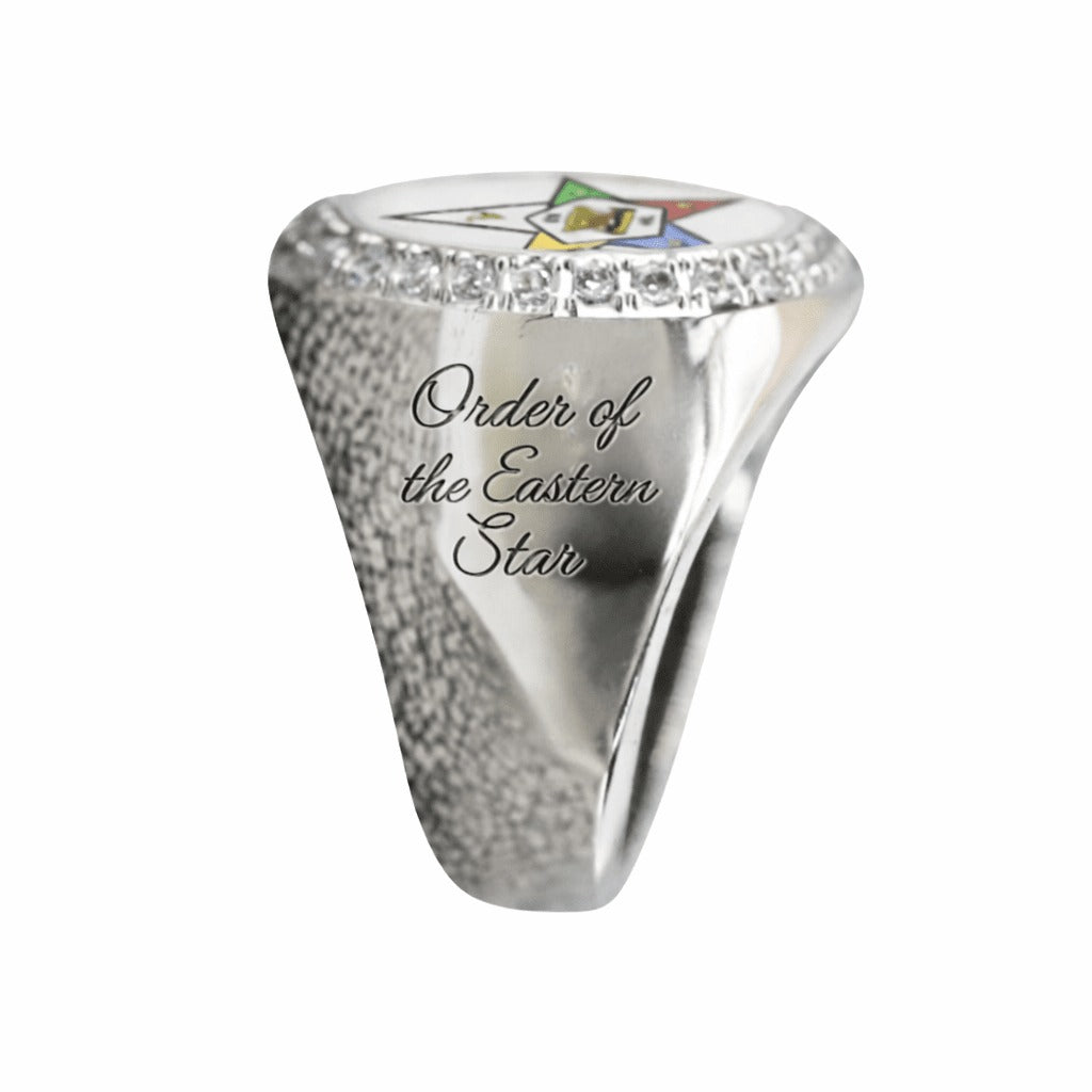 OES Ring - Sterling Silver & Stones With Colorful Eastern Star Engraved Customization - Bricks Masons