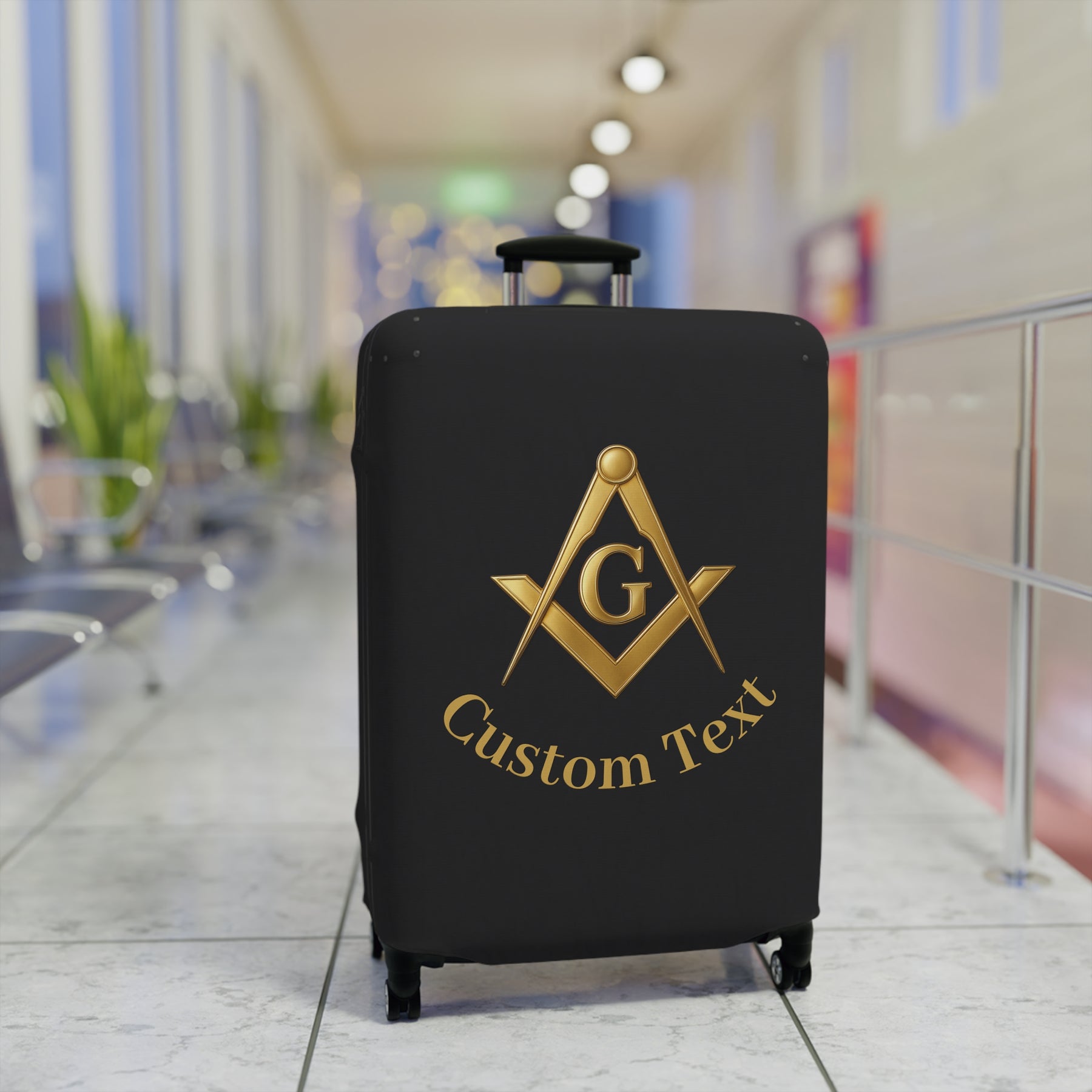 Master Mason Blue Lodge Luggage Cover - Gold Square & Compass G with Custom Text