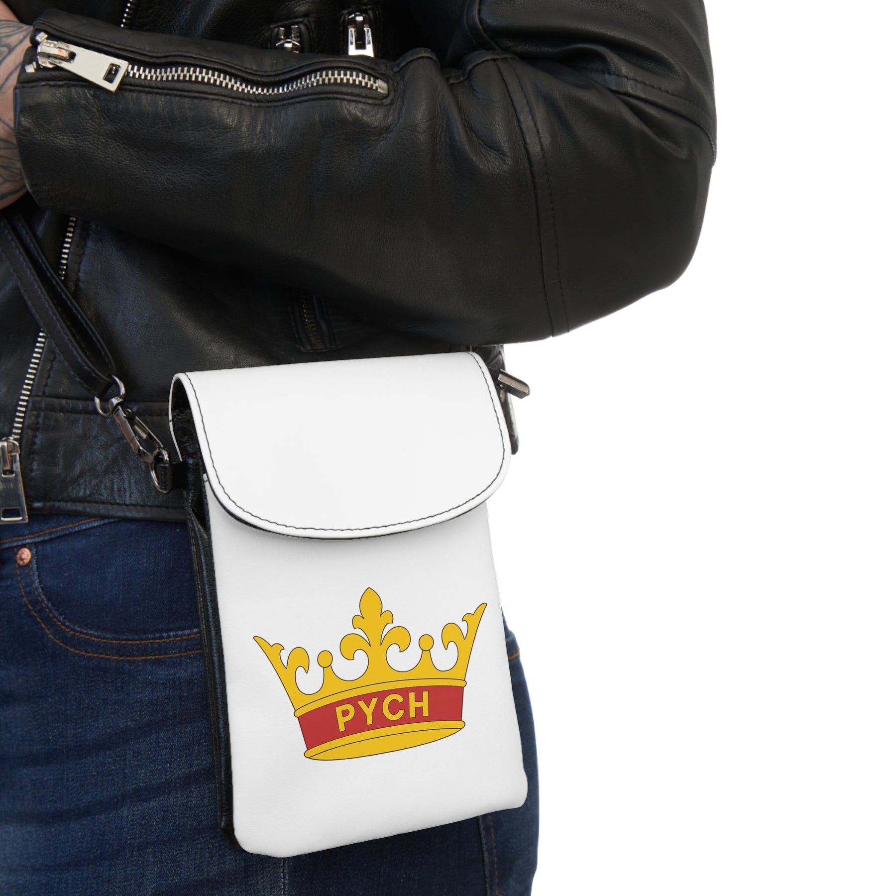 PYCH Cell Phone Wallet - White Microfiber Leather With Crown - Bricks Masons