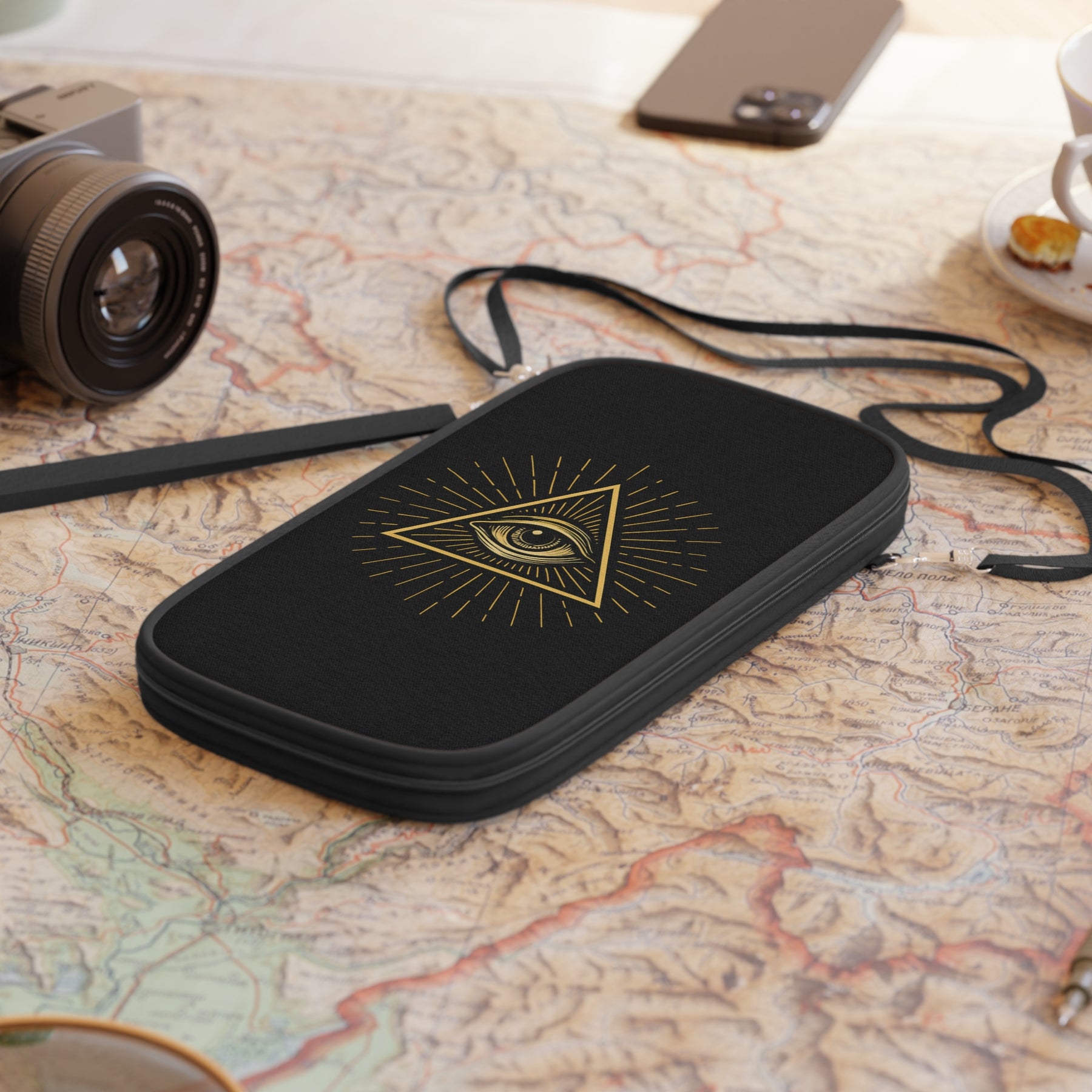 Eye of Providence Passport Wallet - Gold & Black With Shoulder & Wrist Strap - Bricks Masons