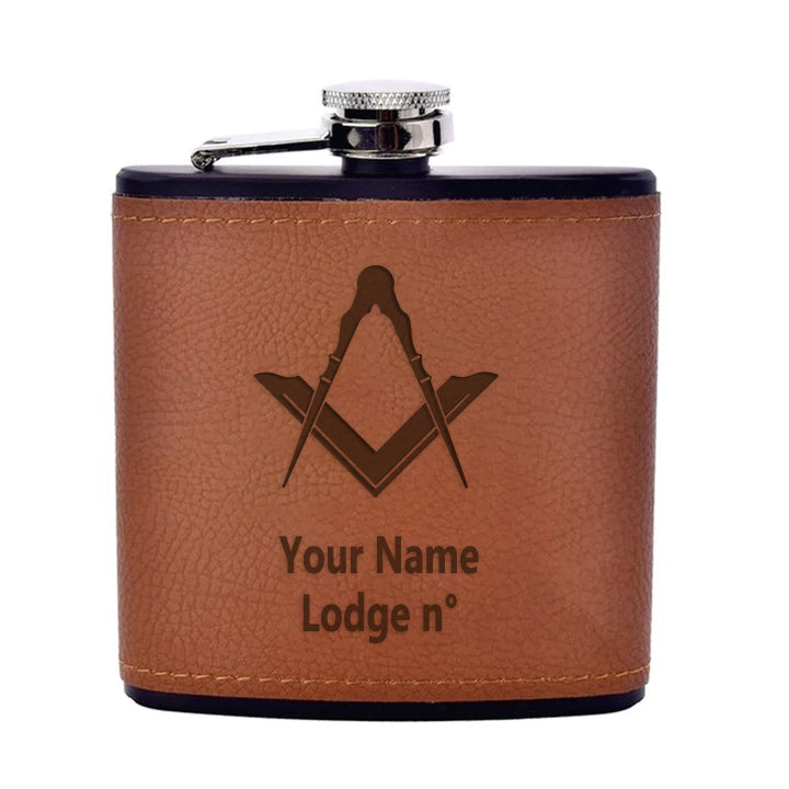 Master Mason Blue Lodge Flask - Leather & Stainless Steel - Bricks Masons