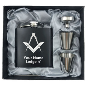 Master Mason Blue Lodge Flask - 2 Shot Glasses & Funnel - Bricks Masons