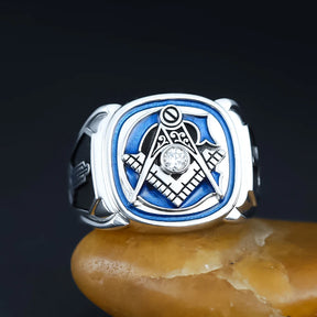 Master Mason Blue Lodge Ring - Sterling Silver S&C with Masonic Tools On The Sides