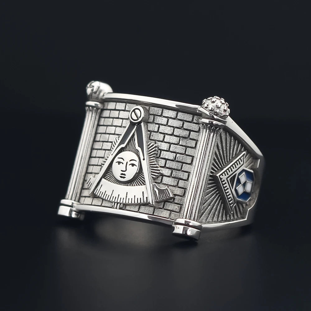 Anillo de la Logia Azul de Past Master - Cuadrante y Brújula Sol con Pilares Gemelos en Plata de Ley