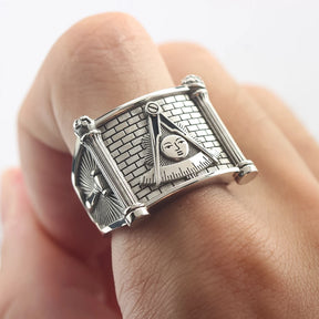 Anillo de la Logia Azul de Past Master - Cuadrante y Brújula Sol con Pilares Gemelos en Plata de Ley