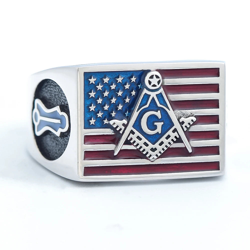 Master Mason Blue Lodge Ring - 925 Sterling Silver US American Flag - Bricks Masons