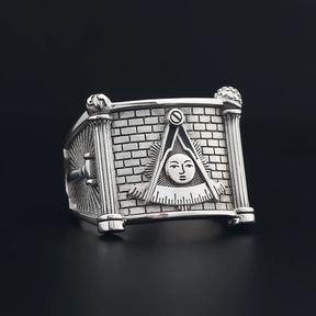 Anillo de la Logia Azul de Past Master - Cuadrante y Brújula Sol con Pilares Gemelos en Plata de Ley