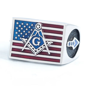 Master Mason Blue Lodge Ring - 925 Sterling Silver US American Flag - Bricks Masons