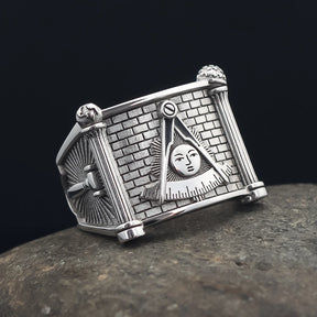 Anillo de la Logia Azul de Past Master - Cuadrante y Brújula Sol con Pilares Gemelos en Plata de Ley