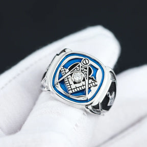 Master Mason Blue Lodge Ring - Sterling Silver S&C with Masonic Tools On The Sides