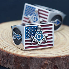 Master Mason Blue Lodge Ring - 925 Sterling Silver US American Flag - Bricks Masons