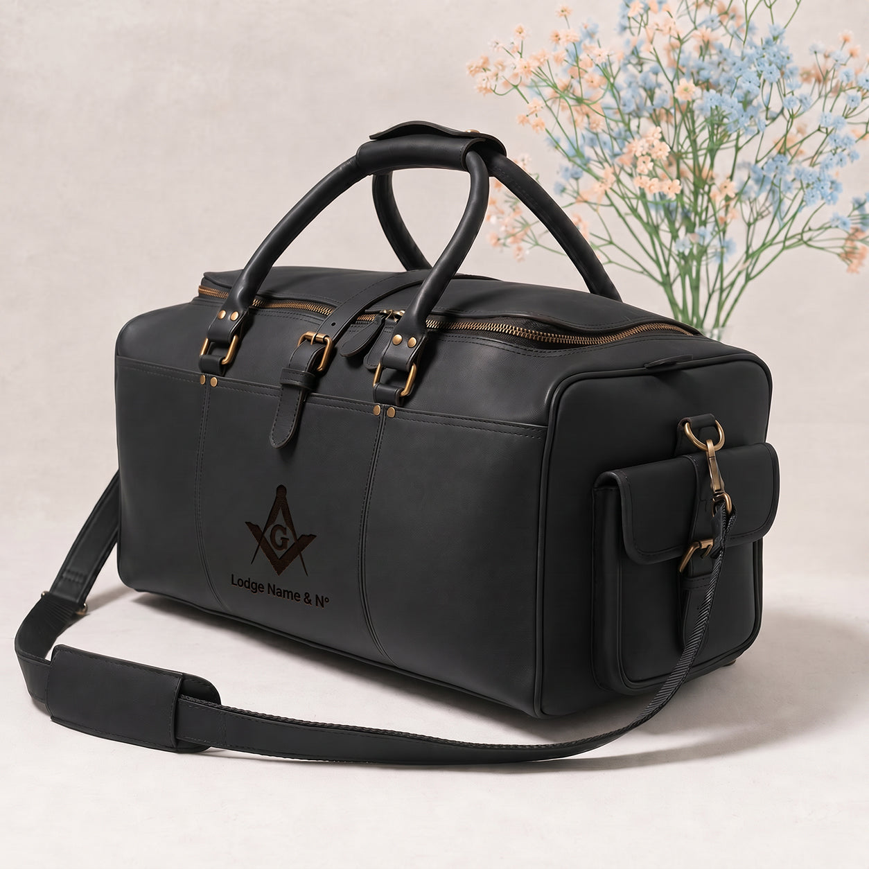 Master Mason Blue Lodge Travel Bag - Black Matt Leather With Antique Metal