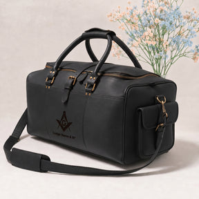 Master Mason Blue Lodge Travel Bag - Black Matt Leather With Antique Metal
