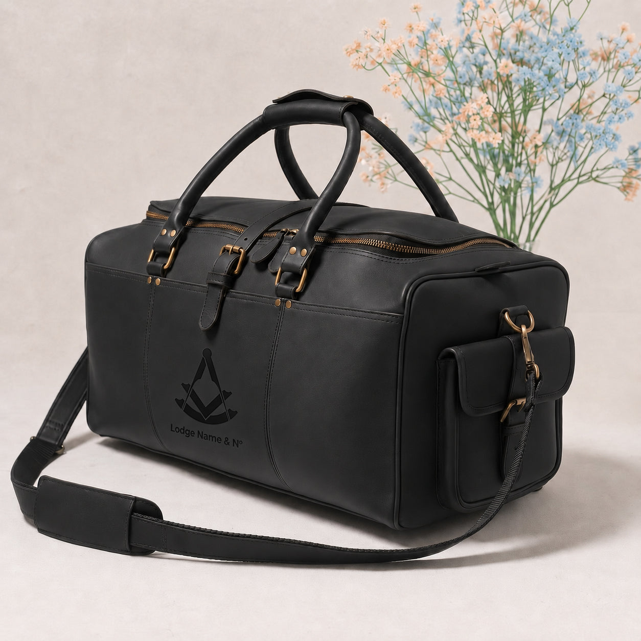 Past Master Blue Lodge Travel Bag - Black Matt Leather With Antique Metal