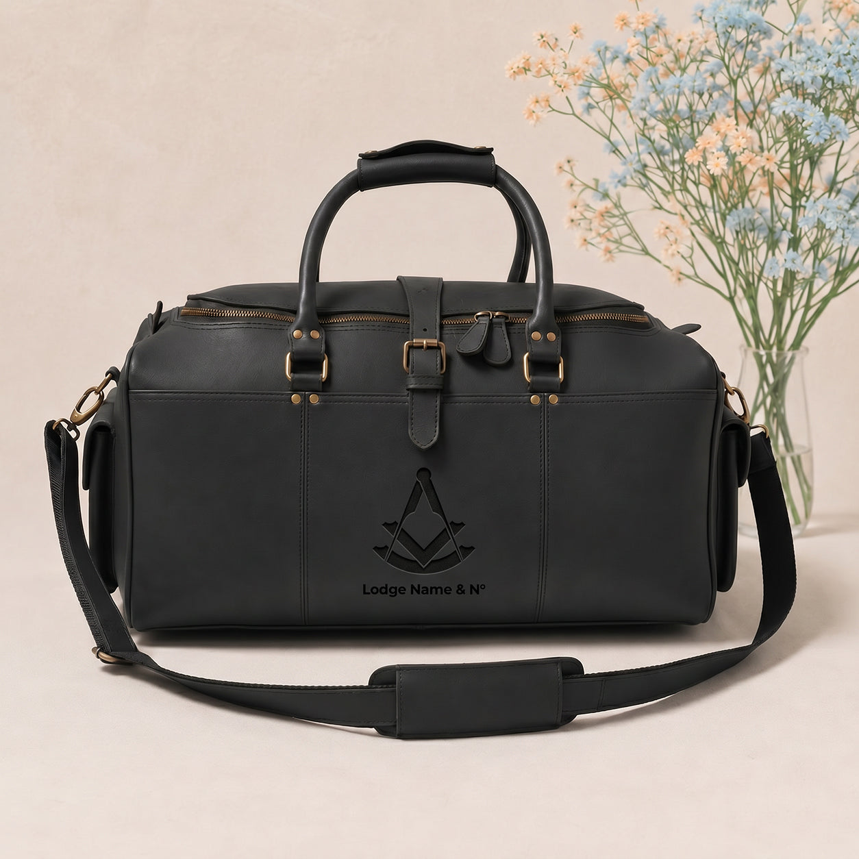 Past Master Blue Lodge Travel Bag - Black Matt Leather With Antique Metal