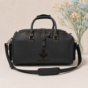 Master Mason Blue Lodge Travel Bag - Black Matt Leather With Antique Metal
