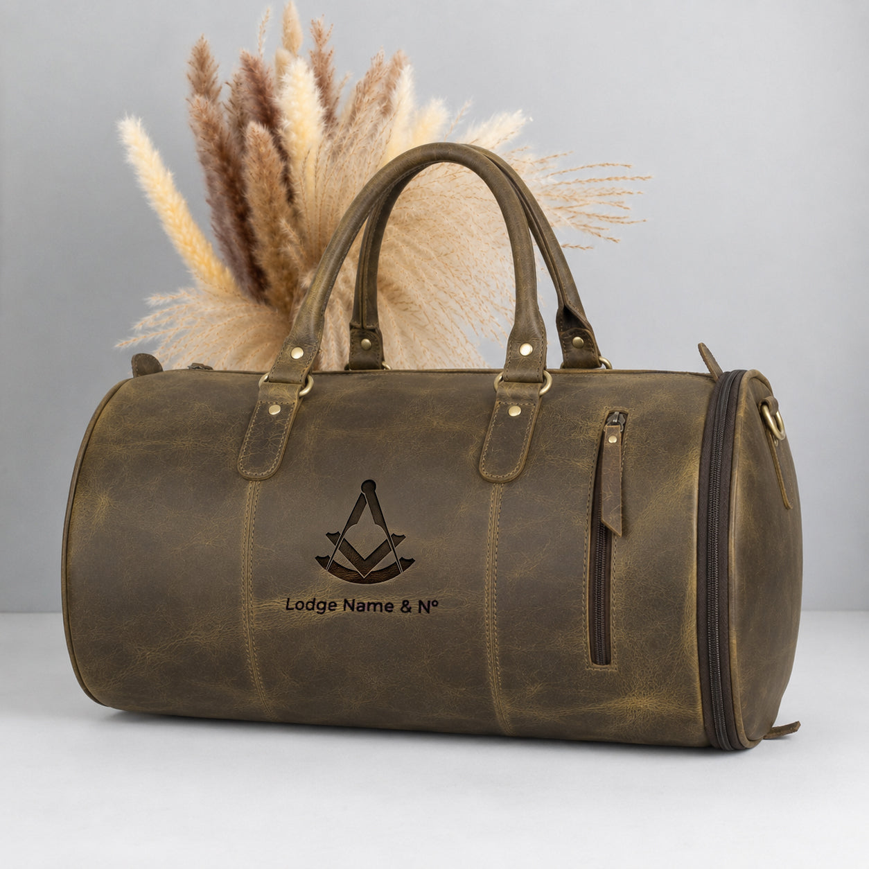 Past Master Blue Lodge Travel Bag - Premium Leather Round Duffle Shape & Strong Handles