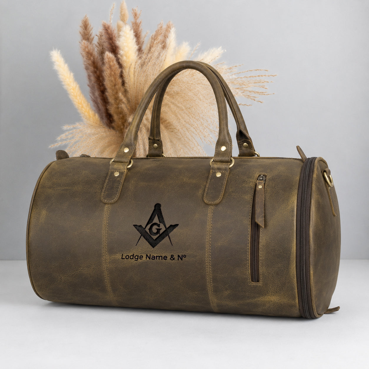 Master Mason Blue Lodge Travel Bag - Premium Leather Round Duffle Shape Customizable
