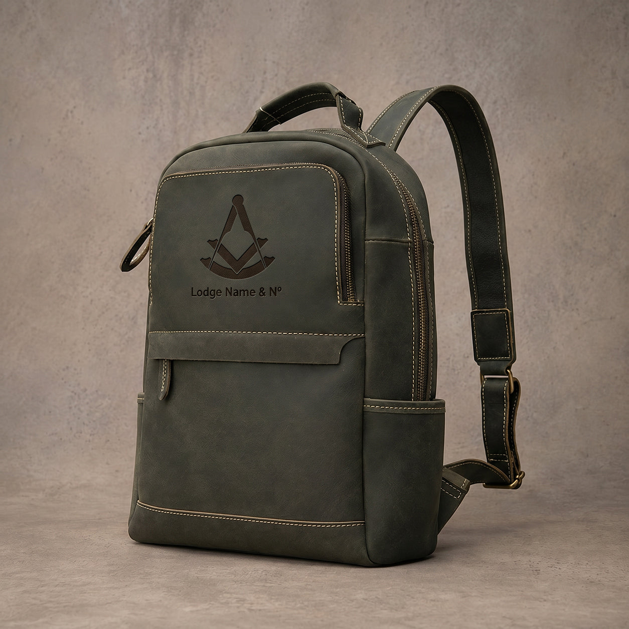 Past Master Blue Lodge Backpack - Dark Olive Green Premium Full-Grain Leather Customizable