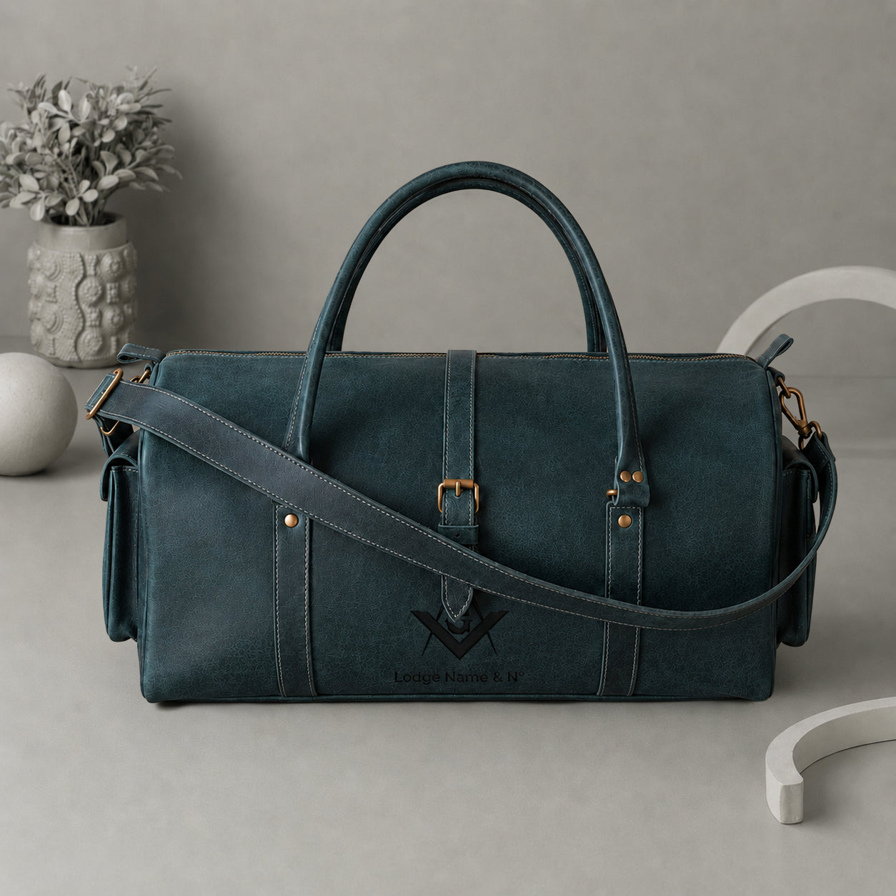Master Mason Blue Lodge Travel Bag - Crazy Horse Leather Round Duffle Shape