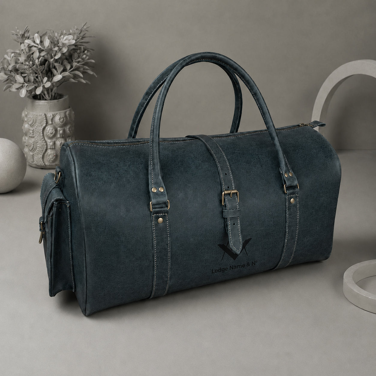 Master Mason Blue Lodge Travel Bag - Crazy Horse Leather Round Duffle Shape