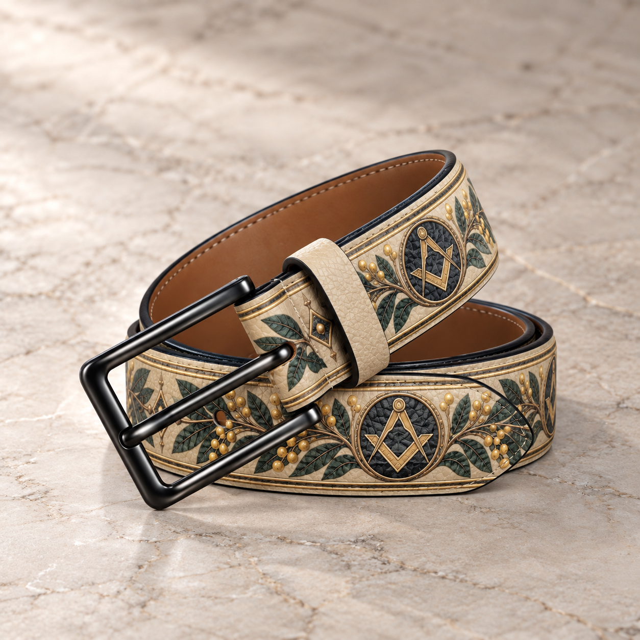 Master Mason Blue Lodge Belt - Premium Leather Gold Square & Compass With Green Acacia Leaves