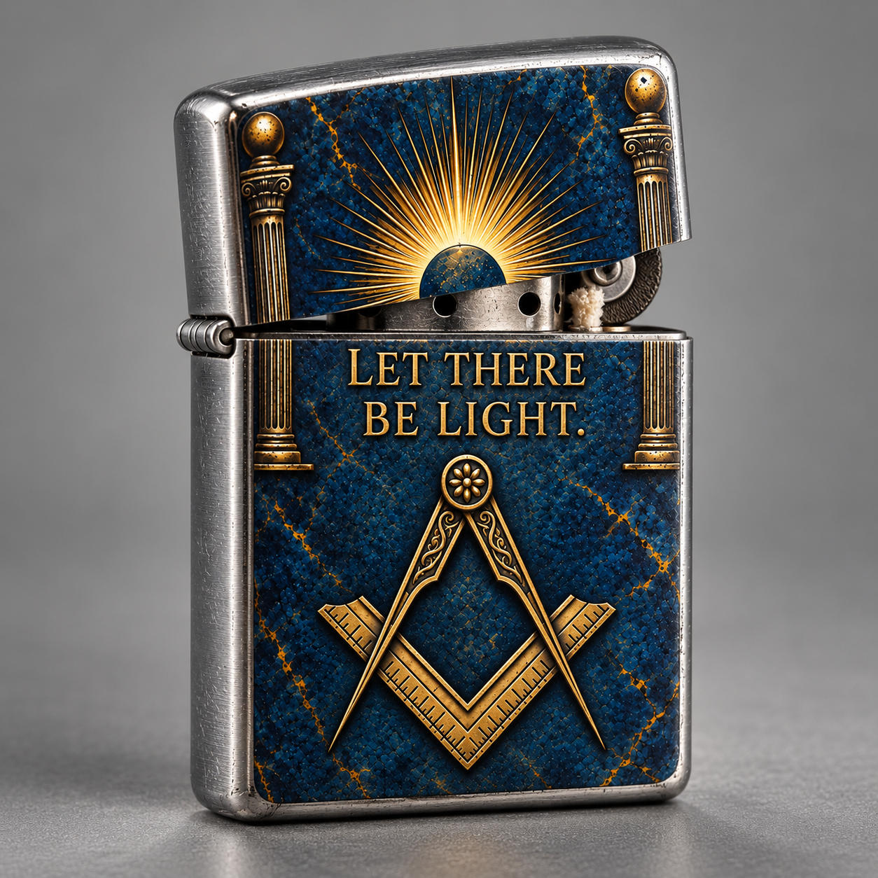 Master Mason Blue Lodge Lighter - Blue & Gold Square & Compass Let There Be Light Zippo®