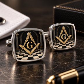 Master Mason Blue Lodge Cufflinks - Checkered Lodge Floor Gold Square And Compass G