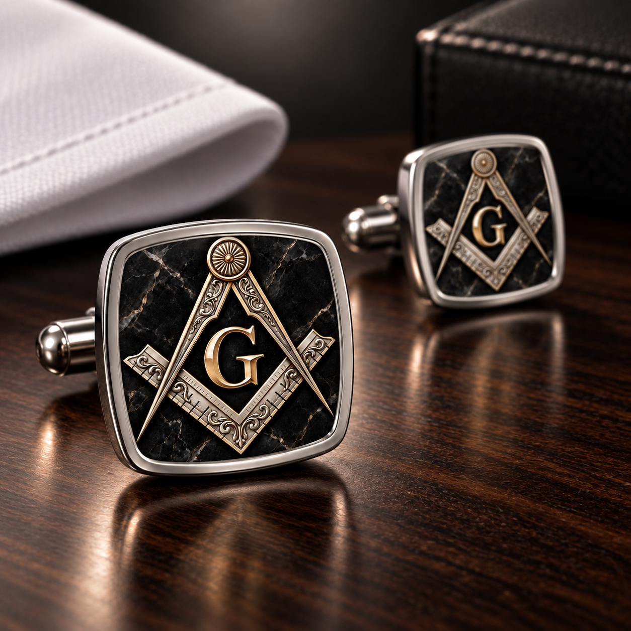 Master Mason Blue Lodge Cufflinks - Black Marble With Antique Square & Compass G