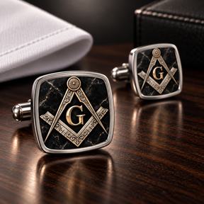 Master Mason Blue Lodge Cufflinks - Black Marble With Antique Square & Compass G