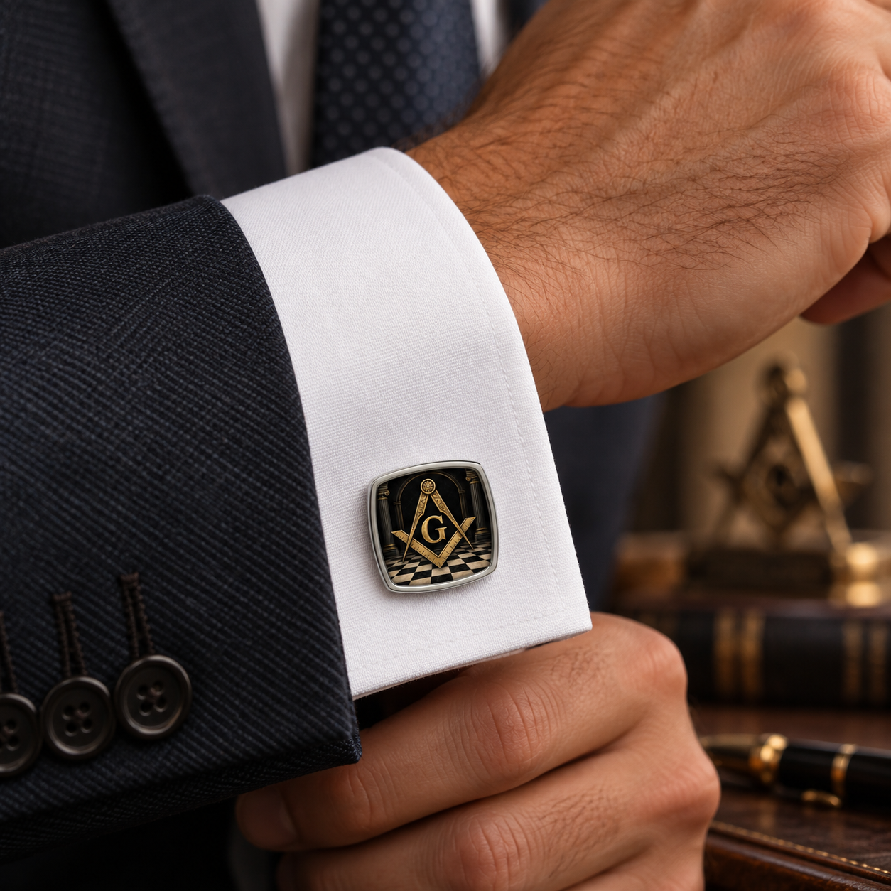 Master Mason Blue Lodge Cufflinks - Checkered Lodge Floor Gold Square And Compass G
