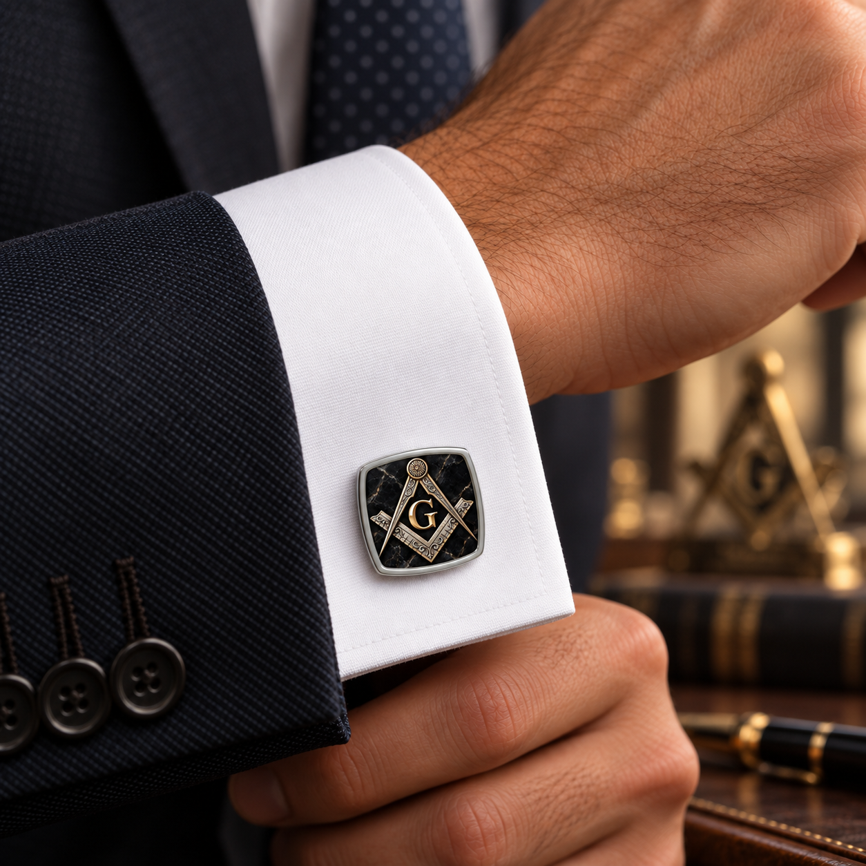 Master Mason Blue Lodge Cufflinks - Black Marble With Antique Square & Compass G