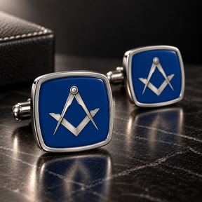 Master Mason Blue Lodge Cufflinks - Polished Silver Royal Blue Square And Compass