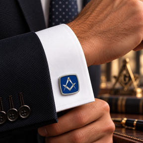 Master Mason Blue Lodge Cufflinks - Polished Silver Royal Blue Square And Compass