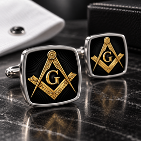 Master Mason Blue Lodge Cufflinks - Polished Silver With Gold Detailed Square & Compass G
