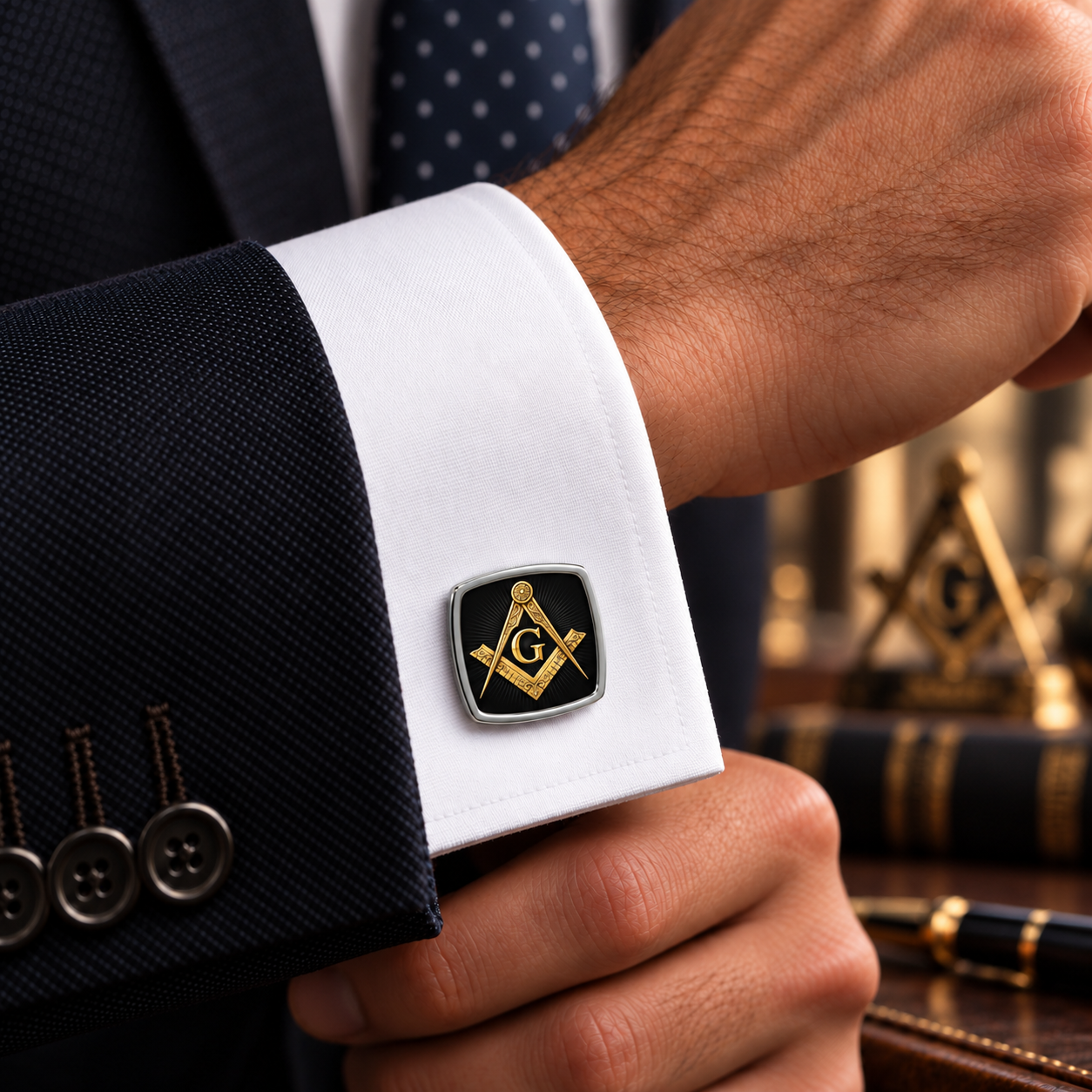 Master Mason Blue Lodge Cufflinks - Polished Silver With Gold Detailed Square & Compass G