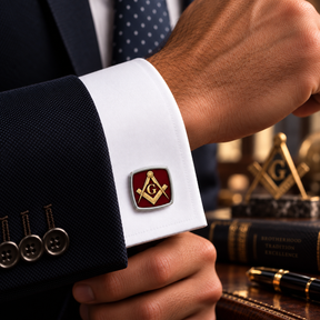 Master Mason Blue Lodge Cufflinks - Red With Gold Square & Compass G Polished Silver