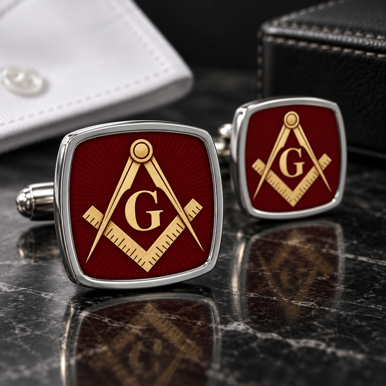 Master Mason Blue Lodge Cufflinks - Red With Gold Square & Compass G Polished Silver