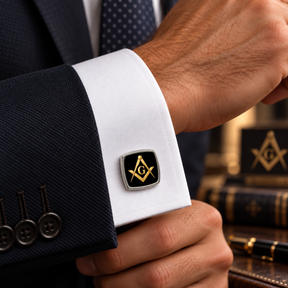 Master Mason Blue Lodge Cufflinks - Black & Gold Square And Compass With G