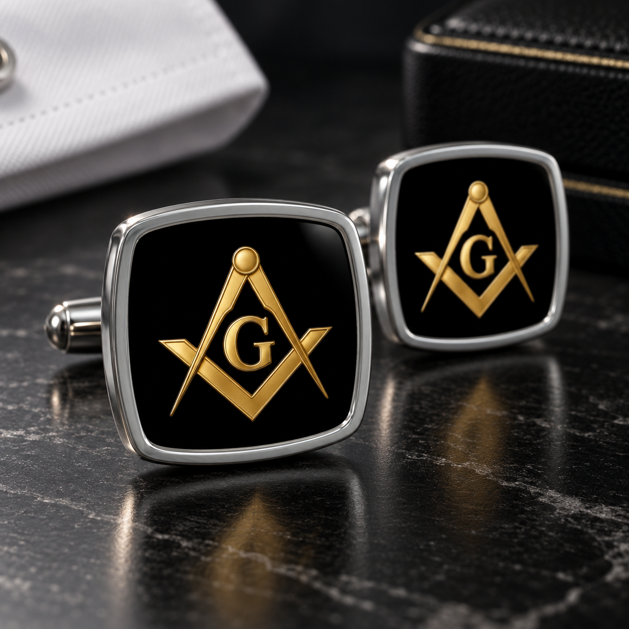 Master Mason Blue Lodge Cufflinks - Black & Gold Square And Compass With G