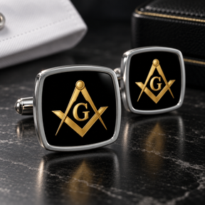 Master Mason Blue Lodge Cufflinks - Black & Gold Square And Compass With G