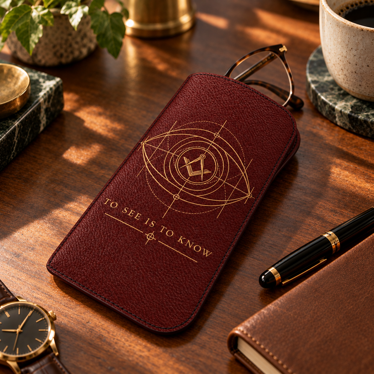 Master Mason Blue Lodge Glasses Case - Burgundy Nappa Leather To See Is To Know