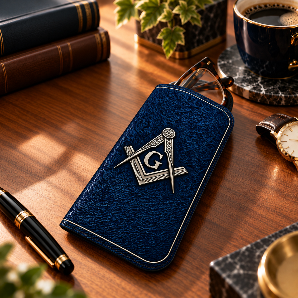 Master Mason Blue Lodge Glasses Case - Blue Nappa Leather With Silver Square & Compass G