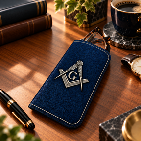 Master Mason Blue Lodge Glasses Case - Blue Nappa Leather With Silver Square & Compass G