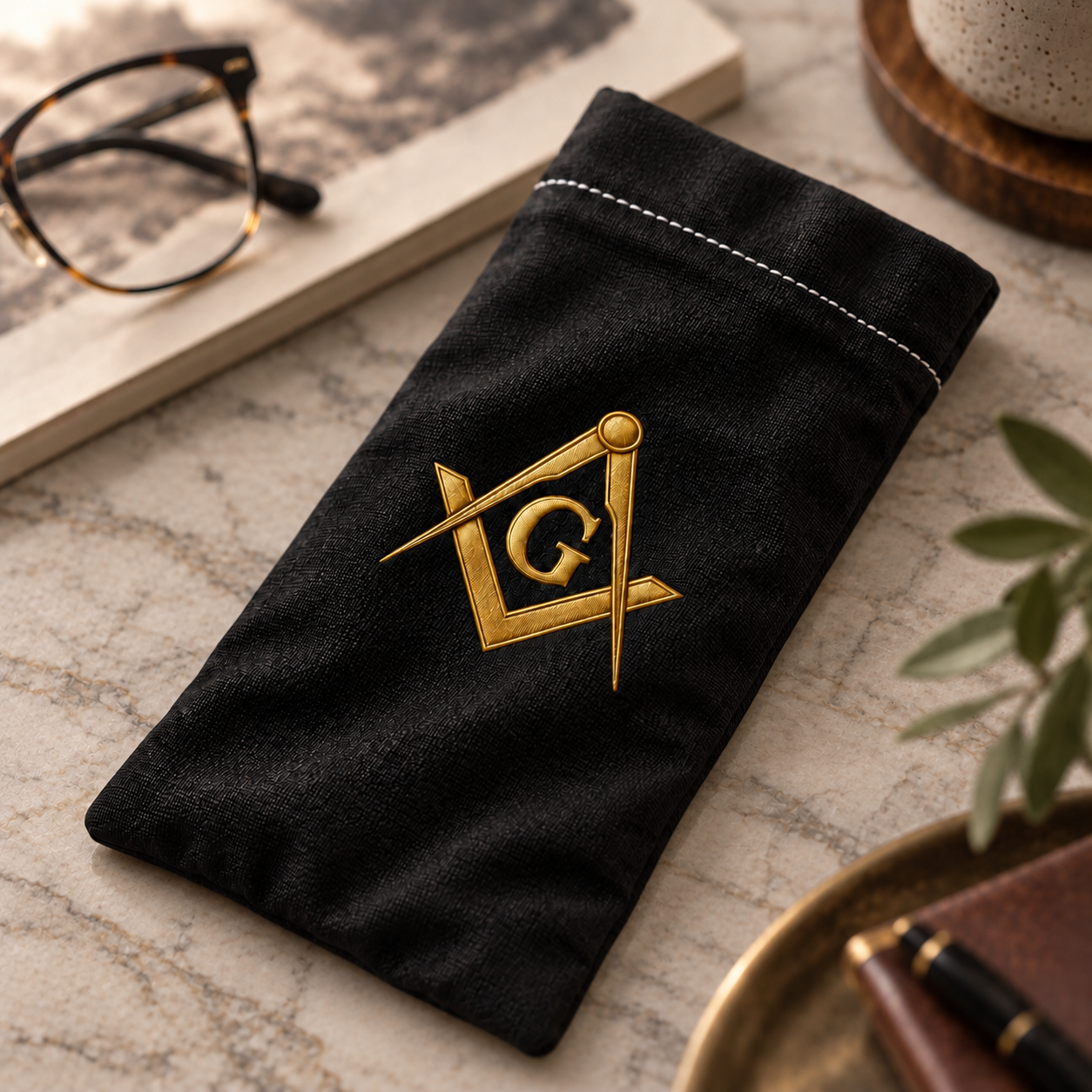 Master Mason Blue Lodge Glasses Case - Black Neoprene With Gold Square & Compass G