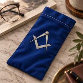Master Mason Blue Lodge Glasses Case - Blue Soft Neoprene With Silver Square & Compass