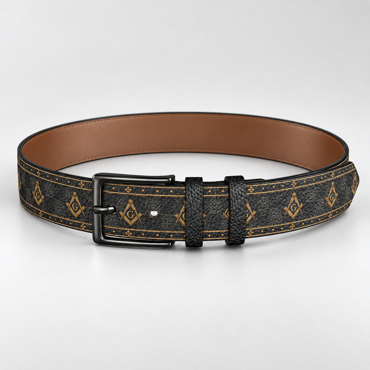 Master Mason Blue Lodge Belt - Genuine Leather Checkered Floor With Square & Compass G