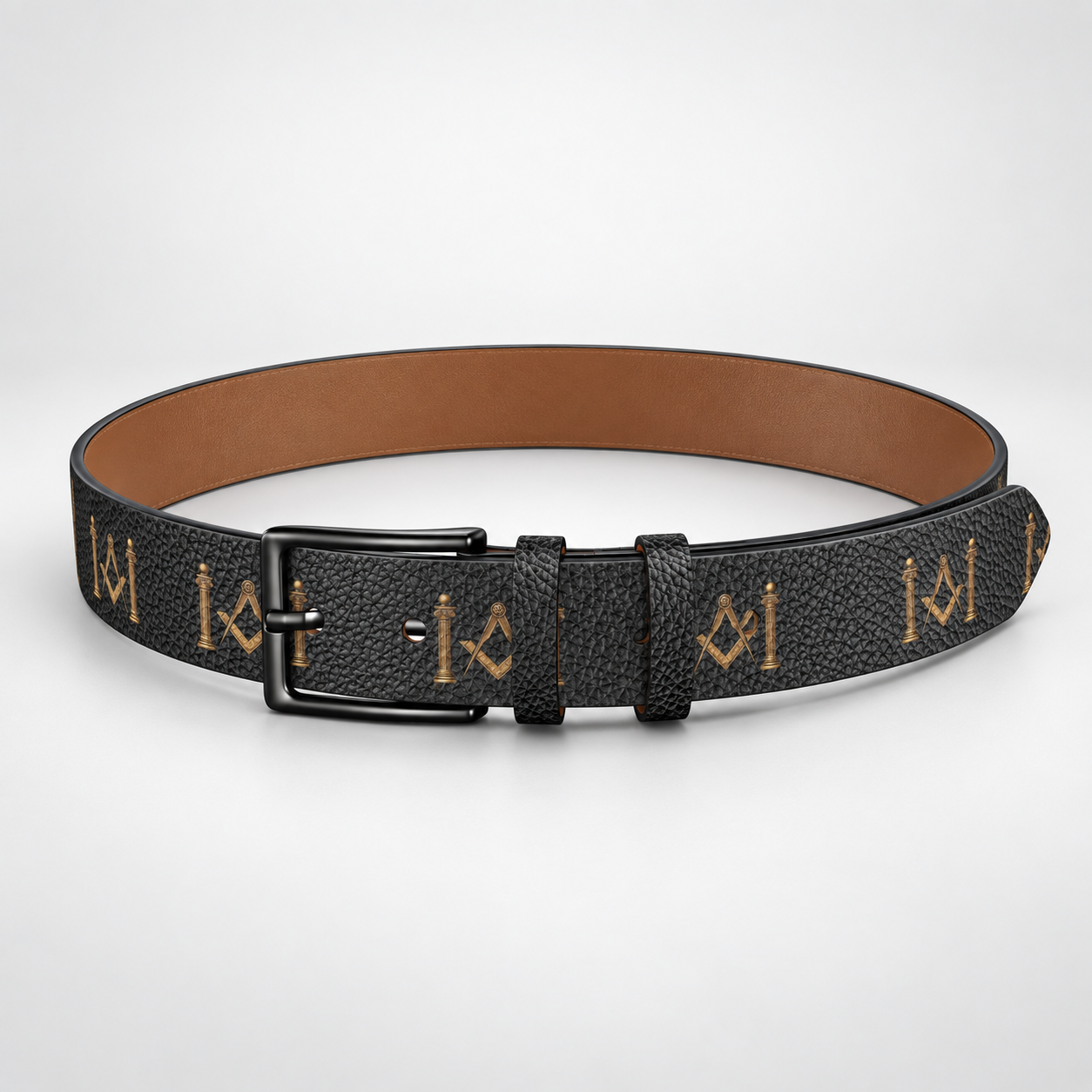 Master Mason Blue Lodge Belt - Genuine Leather Gold Square & Compass With Pillars
